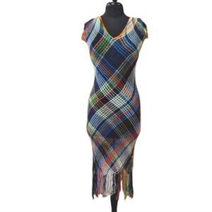 Bohemian Crochet Swim Cover-up Dress Open Knit Colorful Fringe Hippie Beach